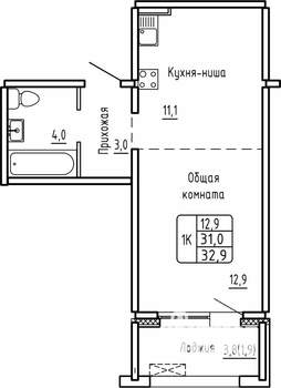 1-к квартира, строящийся дом, 33м2, 1/14 этаж