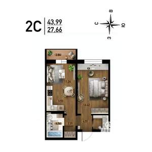 2-к квартира, строящийся дом, 44м2, 3/17 этаж