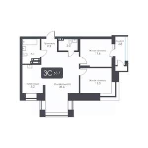 3-к квартира, строящийся дом, 69м2, 17/30 этаж