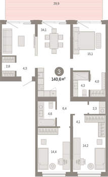 3-к квартира, вторичка, 141м2, 1/15 этаж