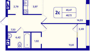 2-к квартира, вторичка, 47м2, 2/26 этаж