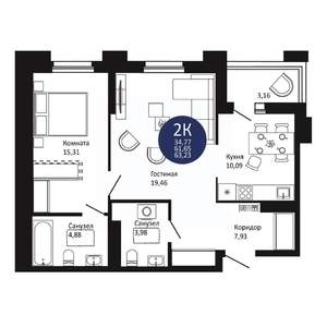 2-к квартира, вторичка, 63м2, 19/20 этаж