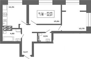 2-к квартира, вторичка, 55м2, 20/25 этаж