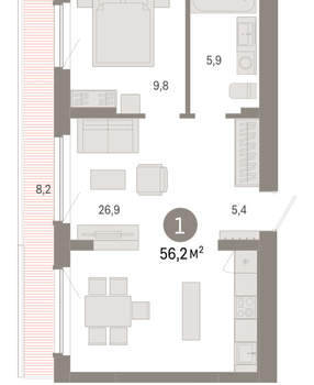 1-к квартира, вторичка, 56м2, 8/12 этаж