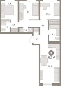 3-к квартира, вторичка, 75м2, 6/15 этаж