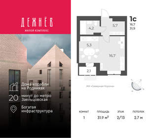 1-к квартира, вторичка, 32м2, 2/13 этаж