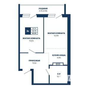 2-к квартира, строящийся дом, 50м2, 14/17 этаж