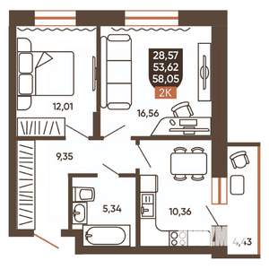2-к квартира, вторичка, 58м2, 9/19 этаж