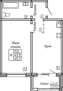 1-к квартира, строящийся дом, 46м2, 1/14 этаж