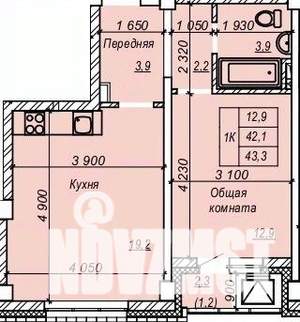 1-к квартира, строящийся дом, 43м2, 7/9 этаж