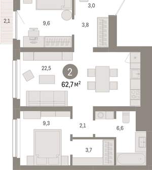 2-к квартира, вторичка, 63м2, 8/12 этаж