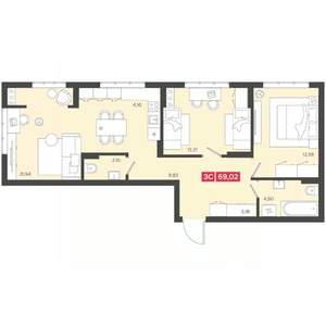 3-к квартира, вторичка, 69м2, 13/22 этаж