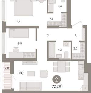 2-к квартира, вторичка, 72м2, 6/15 этаж