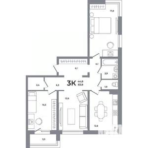 3-к квартира, вторичка, 83м2, 8/12 этаж