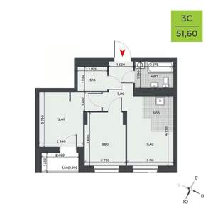 3-к квартира, строящийся дом, 52м2, 2/21 этаж