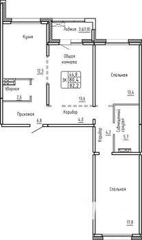 3-к квартира, вторичка, 82м2, 8/17 этаж