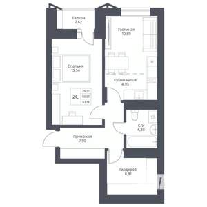 2-к квартира, вторичка, 53м2, 14/24 этаж