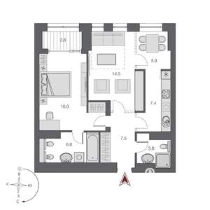 2-к квартира, строящийся дом, 61м2, 14/21 этаж