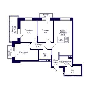 3-к квартира, вторичка, 82м2, 3/20 этаж