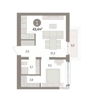 1-к квартира, вторичка, 43м2, 8/8 этаж