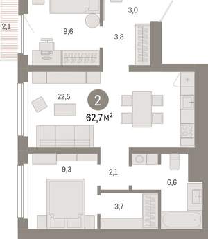 2-к квартира, вторичка, 63м2, 10/12 этаж