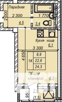 1-к квартира, строящийся дом, 24м2, 1/9 этаж