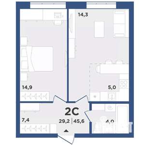 2-к квартира, вторичка, 46м2, 1/9 этаж