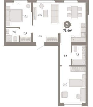 2-к квартира, вторичка, 73м2, 9/12 этаж