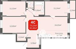 3-к квартира, строящийся дом, 82м2, 2/17 этаж