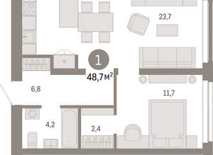 1-к квартира, вторичка, 49м2, 1/23 этаж