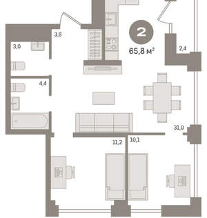 2-к квартира, вторичка, 66м2, 16/30 этаж