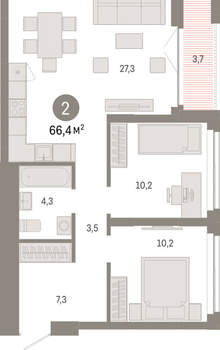 2-к квартира, вторичка, 66м2, 11/23 этаж