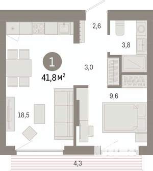 1-к квартира, вторичка, 42м2, 4/12 этаж