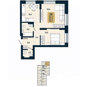 2-к квартира, вторичка, 56м2, 6/25 этаж