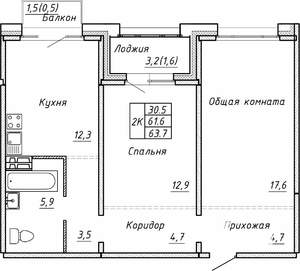 2-к квартира, вторичка, 64м2, 8/15 этаж