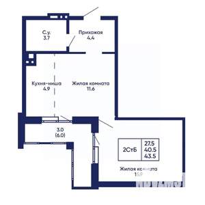 2-к квартира, вторичка, 44м2, 6/14 этаж