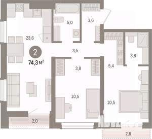 2-к квартира, вторичка, 74м2, 13/14 этаж