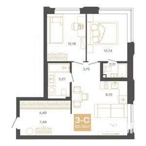 3-к квартира, вторичка, 68м2, 14/24 этаж