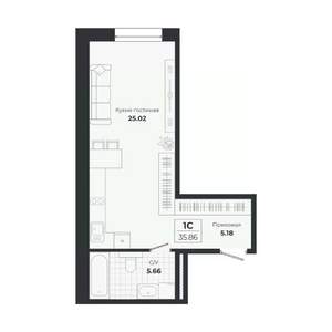 Студия квартира, вторичка, 36м2, 1/9 этаж