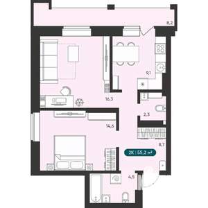 2-к квартира, вторичка, 55м2, 14/25 этаж