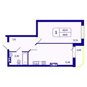 1-к квартира, вторичка, 48м2, 3/26 этаж