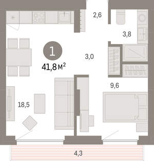 1-к квартира, вторичка, 42м2, 3/12 этаж