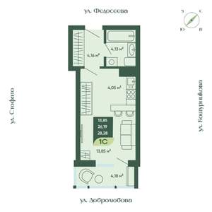1-к квартира, строящийся дом, 28м2, 16/18 этаж