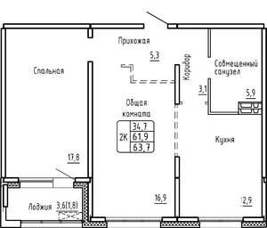 2-к квартира, строящийся дом, 64м2, 6/17 этаж
