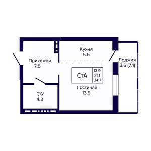Студия квартира, вторичка, 35м2, 12/23 этаж