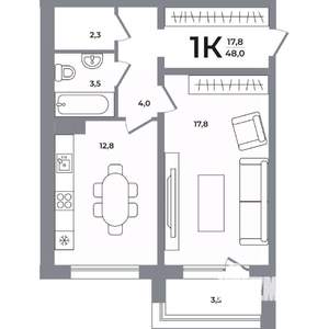 1-к квартира, вторичка, 48м2, 6/12 этаж