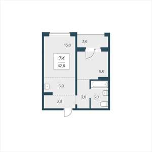 2-к квартира, вторичка, 43м2, 7/18 этаж