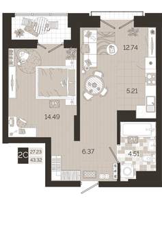 2-к квартира, строящийся дом, 43м2, 6/25 этаж