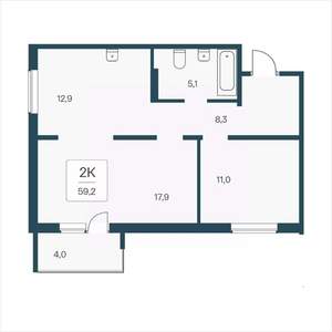 2-к квартира, вторичка, 59м2, 14/17 этаж