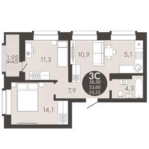 3-к квартира, сданный дом, 56м2, 14/18 этаж